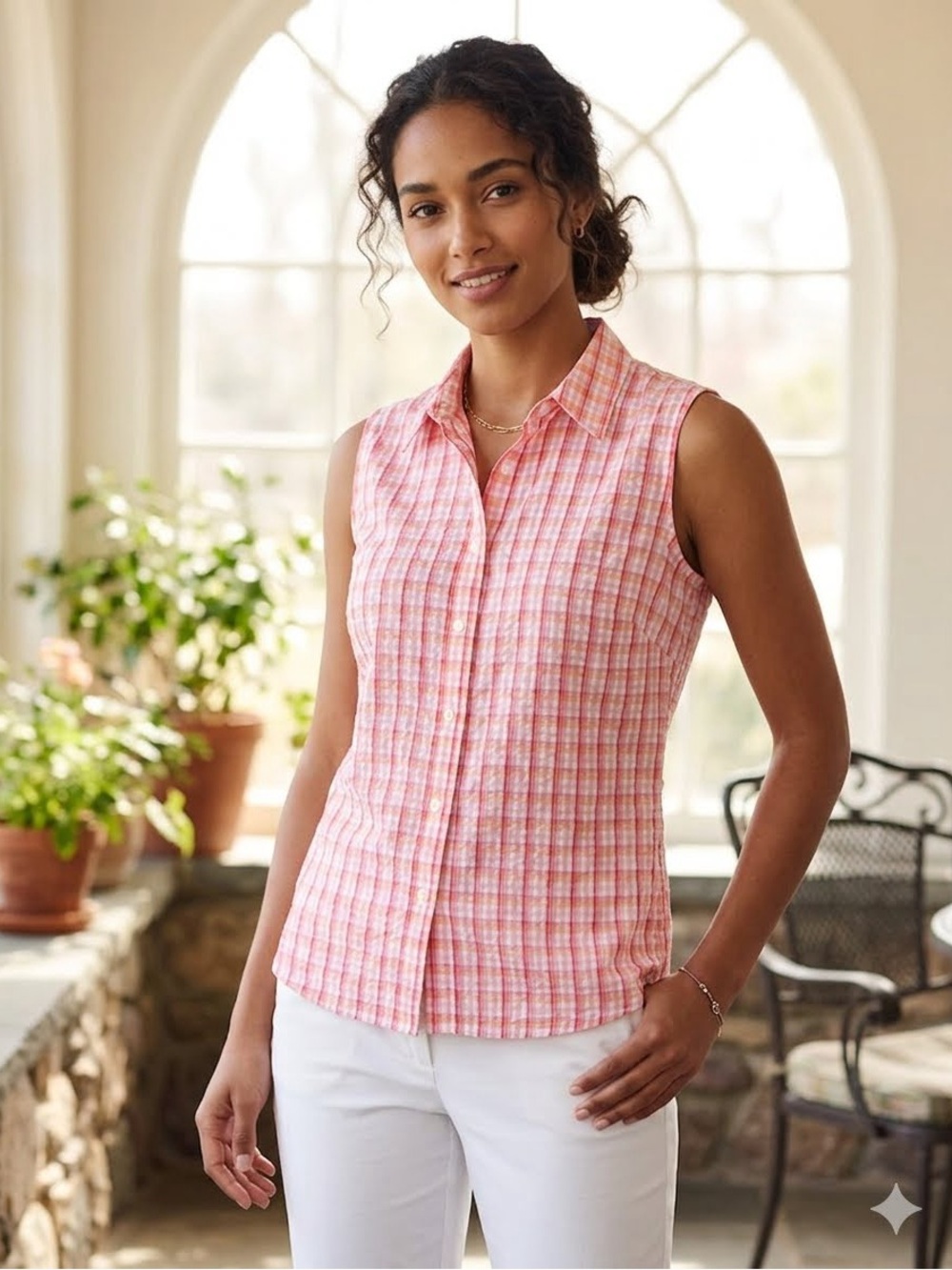 Lands’ End Pink Plaid Sleeveless Button Front Shirt Size S 100% Cotton